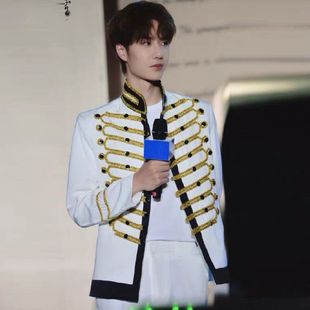 男士军装礼服白色镶金欧式宫廷演出舞蹈表演服主持男装夜店DJ外套