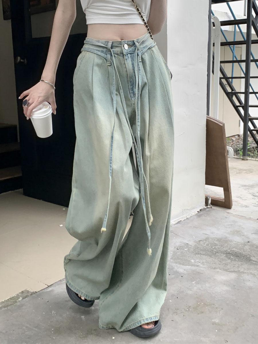 美式复古牛仔阔腿裤女春夏季宽松休闲垂直感喇叭长裤直筒拖地裤裙_虎窝淘