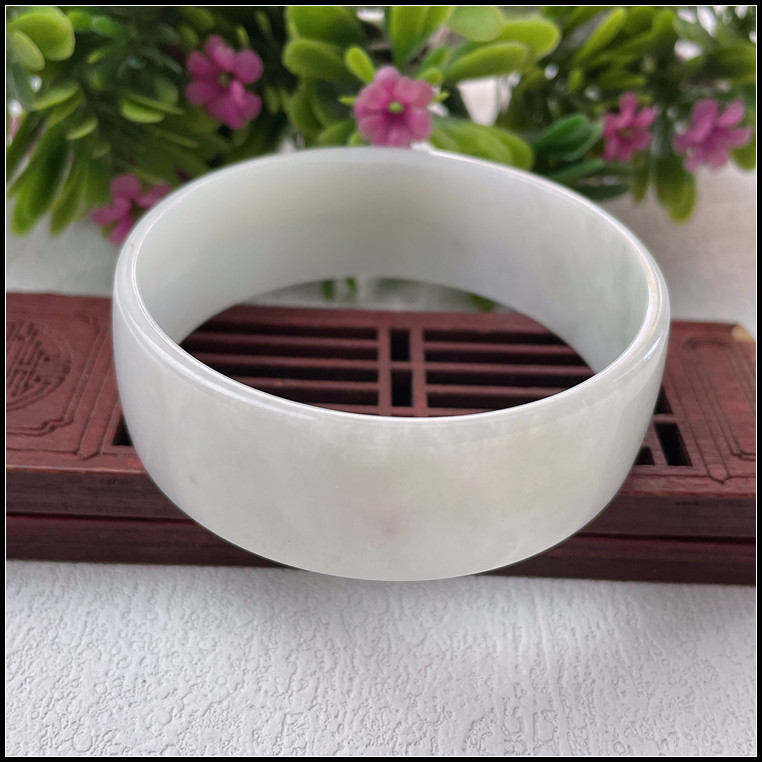 53圈口天然缅甸翡翠A货手镯冰糯种白底宽条福镯方条玉镯子