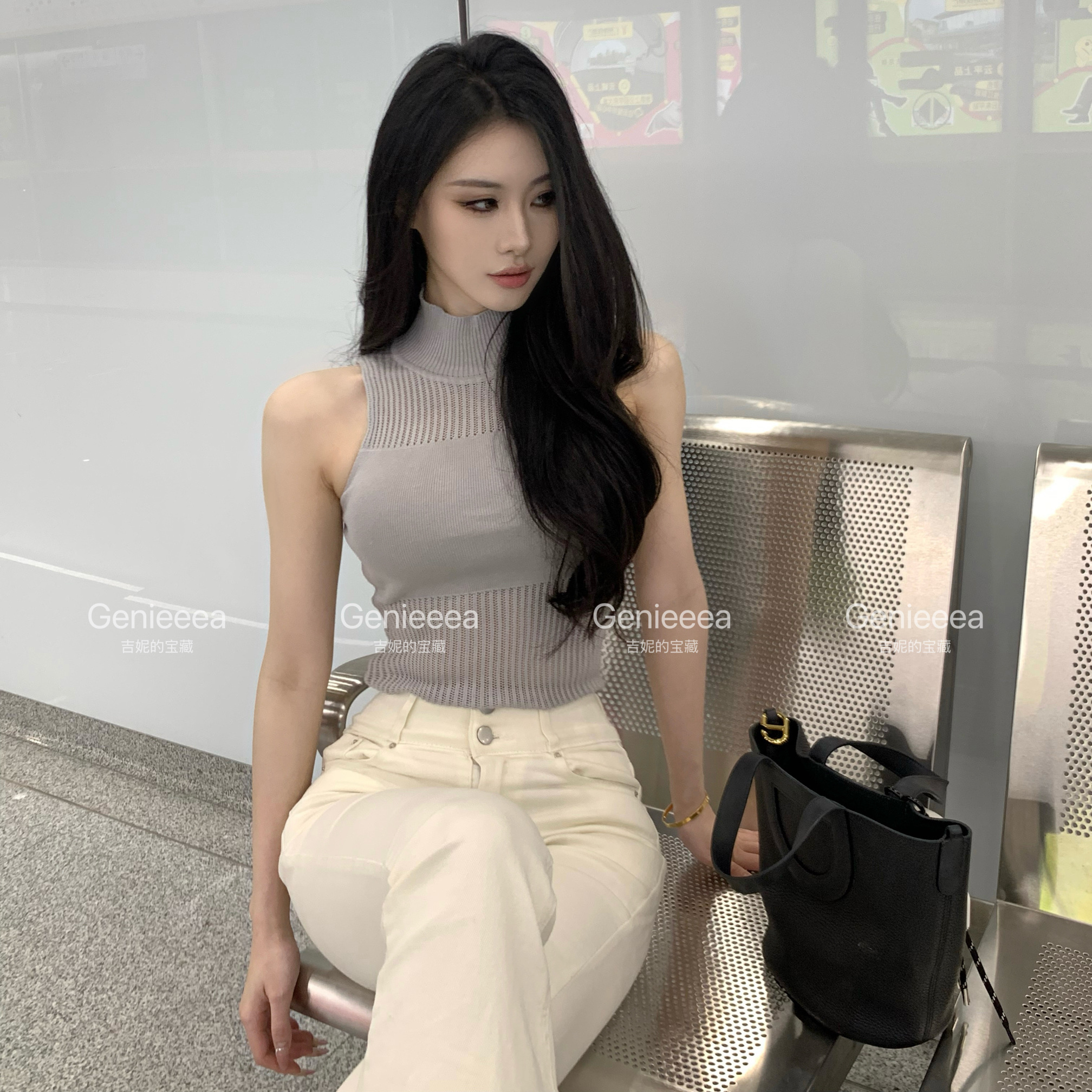 Genieeea吉妮的宝藏 韩系镂空针织背心白色高腰丰胯微喇牛仔裤