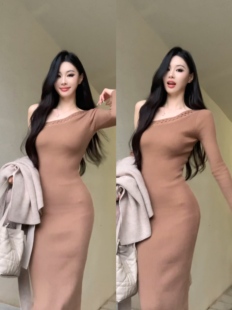 Genieeea吉妮的宝藏 韩系斜肩镂空针织收腰修身连衣裙长裙包臀裙