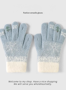 新款毛线手套女冬季防寒加厚可爱学生露指骑行保暖防风可触屏针织
