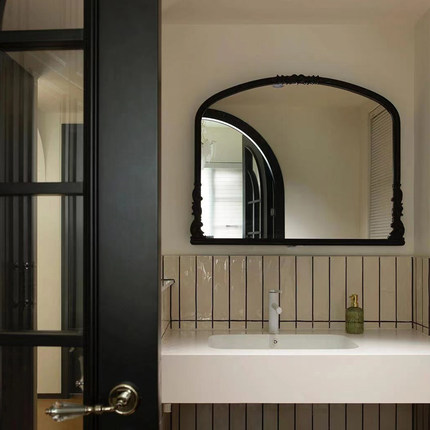 法式雕花拱形黑色梳妆镜卫生间LED发光防雾镜美式壁炉装饰镜子