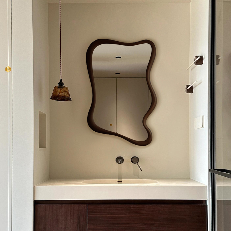 中式简约化妆镜卫生间不规则洗漱台壁挂镜高清智能led发光浴室镜