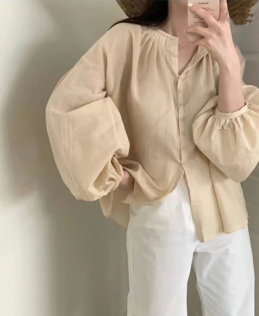 现 韩国东大门代购2025秋ricotta-a圆领纯色灯笼袖 宽松娃娃衬衫