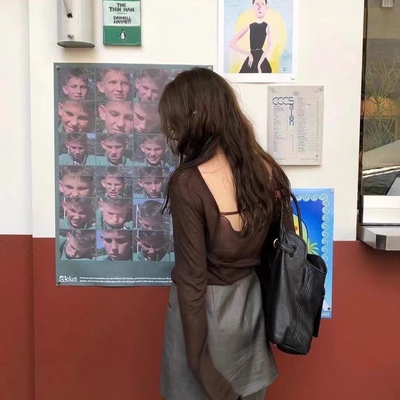 实拍 韩国东大门代购2025秋breathe-a露背长袖薄款打底衫T恤 咖色