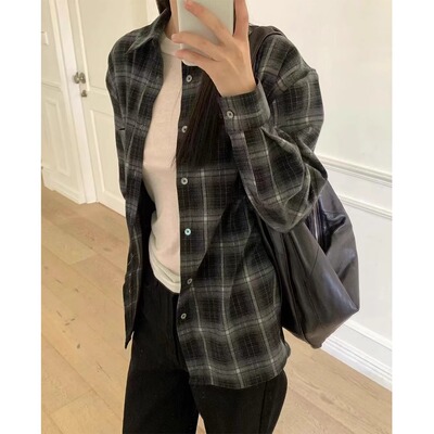 现 韩国东大门代购2024秋冬OBJECT-a宽松慵懒风设计感格子衬衫女