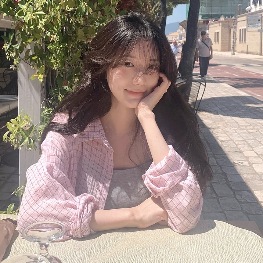 现 韩国东大门代购2025夏Slowand-a 慵懒风轻薄格子翻领长袖衬衫