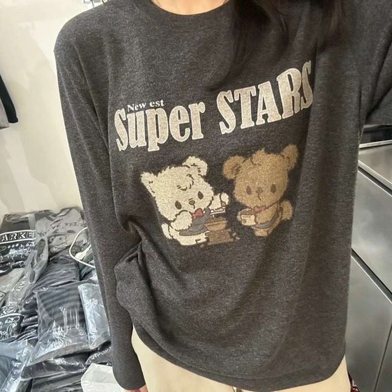 现 韩国东大门代购2025秋季pepper-a磨毛小熊卡通 长袖打底T恤