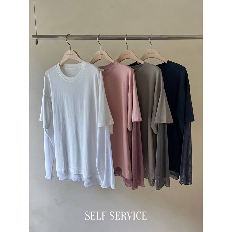 现 韩国东大门代购2025秋季self service-a网纱拼接袖假两件T恤