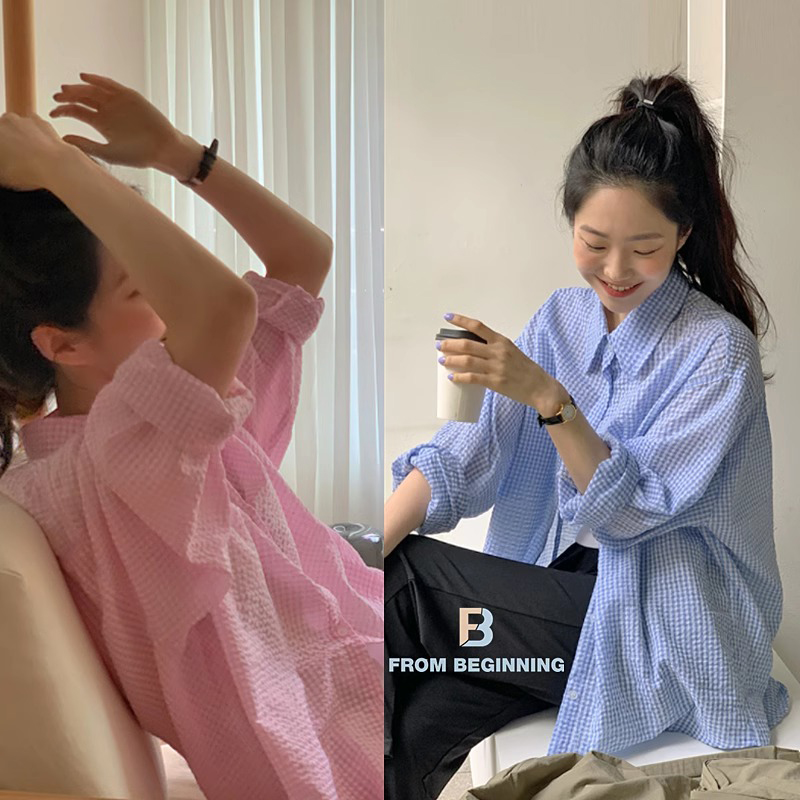 现 韩国东大门代购2025夏季Beginning-a温柔翻领纹理格子防晒衬衫