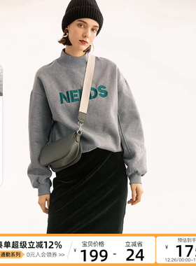 CLOUDSPACE女装秋冬韩版落肩袖套头衫宽松字母半高领加绒卫衣