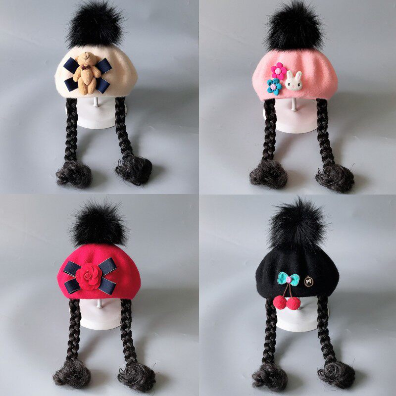 儿童麻花辫可爱时尚糖果色女孩假发帽羊毛礼帽贝雷帽宝宝帽子春秋