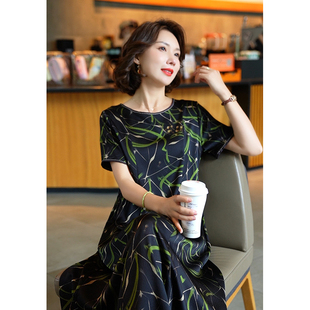 杭州絲綢真絲連衣裙時尚 媽媽洋氣印花桑蠶絲 新款 聲雨竹2025年夏季