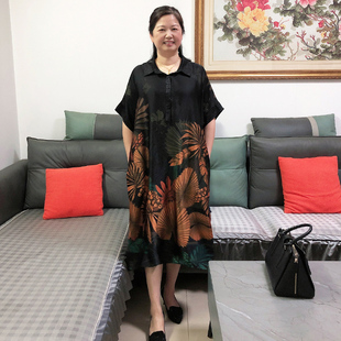 聲雨竹200斤加肥加大重磅真絲媽媽連衣裙時尚 中年桑蠶絲 洋氣夏季