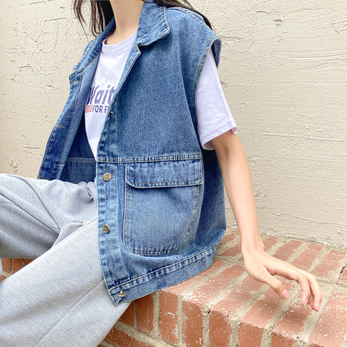 Actual shooting of spring new loose denim vest coat women's fashion versatile Camisole work jacket