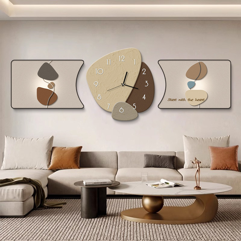 轻奢高级感客厅装饰画简约现代沙发背景墙挂画创意挂钟画三联壁画