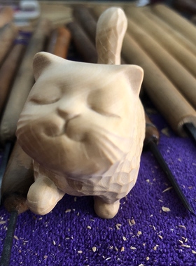 奇木手作·乐清非遗黄杨木雕现代童趣可爱傲娇猫招财小猫摆件手把