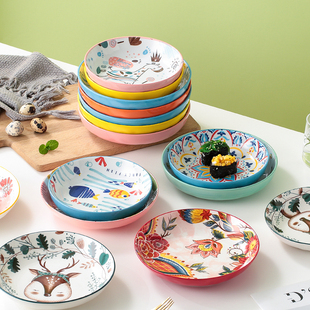 日式 卡通可爱盘子家用创意陶瓷盘子菜盘网红圆盘汤盘早餐盘西餐盘