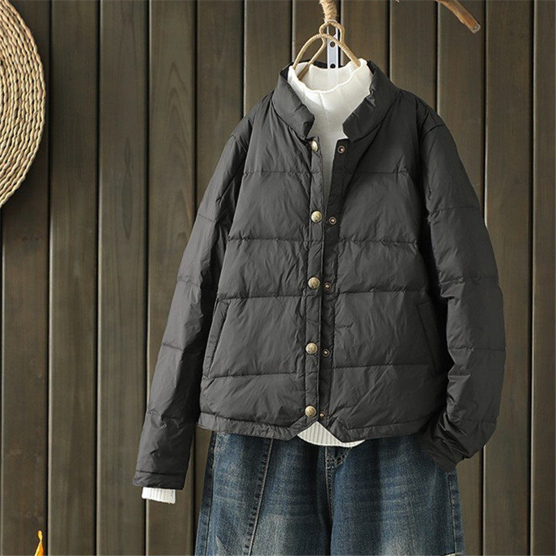 反季清仓轻薄款羽绒服女短款小个子文艺简约白鸭绒宽松立领外套潮