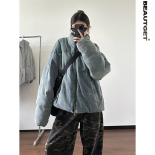 Beautget冬季美式街头复古水洗牛仔羽绒服中性风痞帅加厚羽绒外套