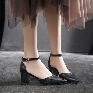 凉鞋 一字带包头凉鞋 女313233粗跟单鞋 高跟鞋 女仙女风 2021夏季 小码