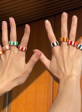 Monote小众经典复古条纹软陶戒指简约百搭ins男女指环圣诞节礼物