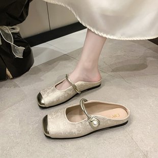 懶人平底孕婦穆勒涼拖單鞋 中式 國風(fēng)包頭半拖鞋 女春秋外穿2025新款