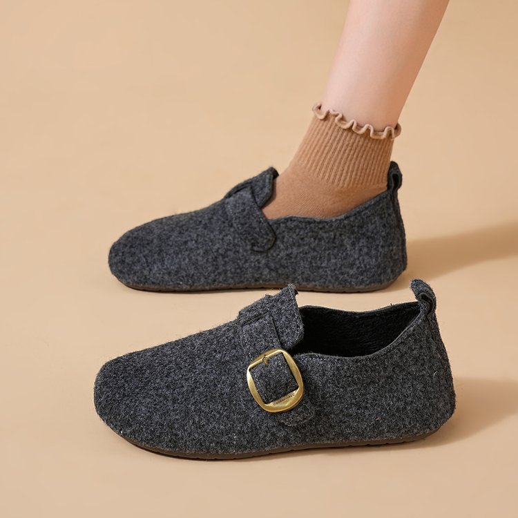 灰色毛呢加绒全包勃肯鞋女