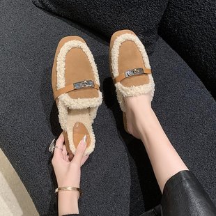 毛毛拖鞋女2025秋冬季新款羊羔毛包头半拖鞋金属扣平底懒人穆勒鞋