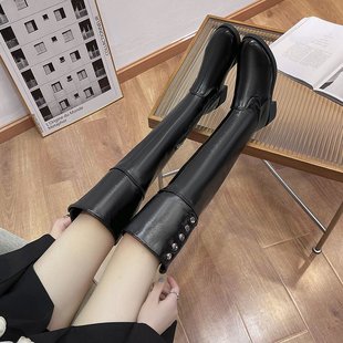 两穿过膝长靴女2025新款 加绒显瘦靴子长筒骑士平底小众高筒靴 冬季