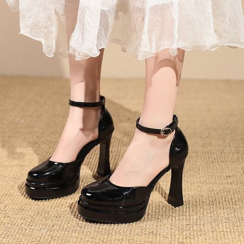 法式玛丽珍高跟鞋婚鞋防水台性感超高跟芭比鞋小个子半包头凉鞋女
