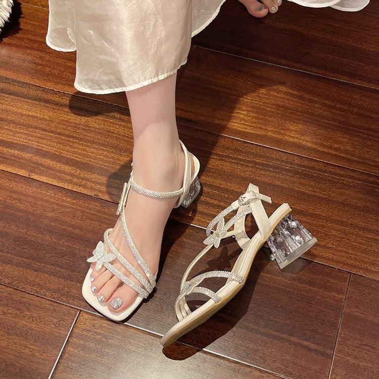 法式水钻粗跟凉鞋女夏外穿