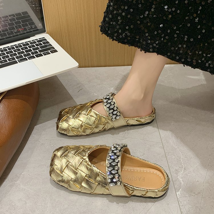 包头半拖鞋女方头金色水钻豆豆