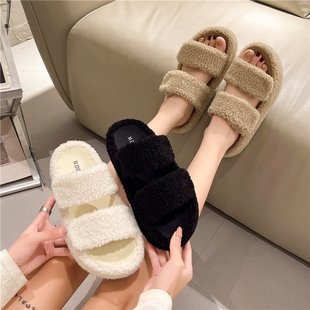 2025秋冬网红爆款黑色羊羔毛毛毛拖鞋女外穿厚底百搭魔术贴棉拖鞋
