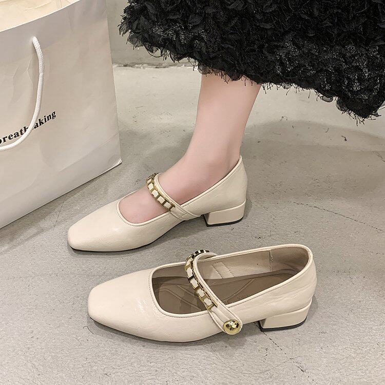 粗跟方头单鞋女晚晚鞋2025春季