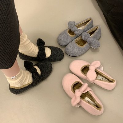 灰色蝴蝶结加绒毛毛鞋外穿2025