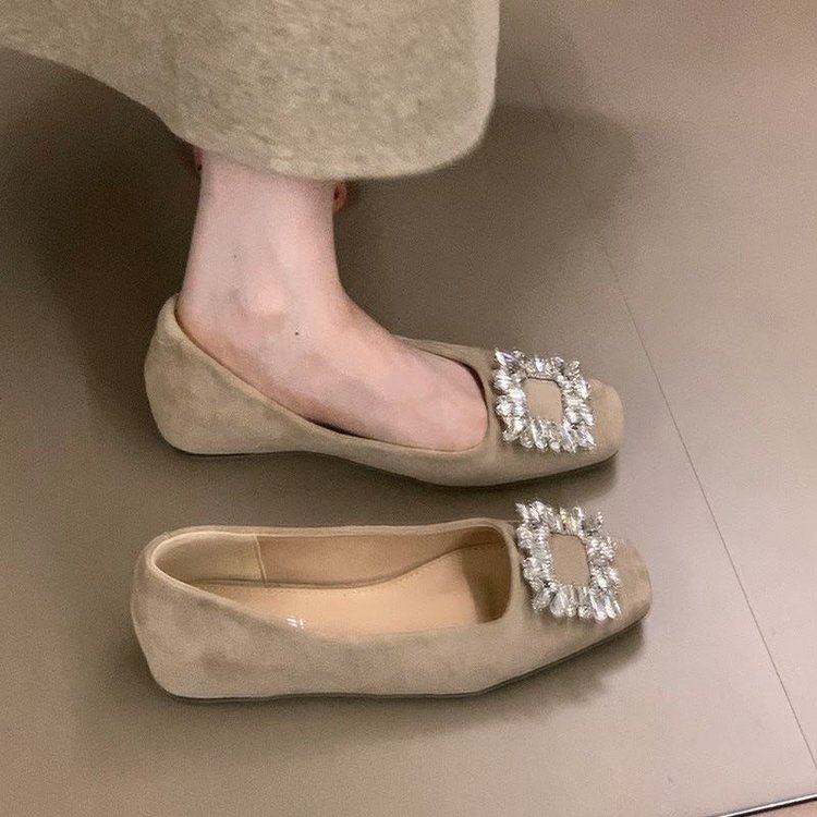 法式水钻方扣玛丽珍鞋女2026春季温柔仙女风丝绒一脚蹬高跟鞋单鞋