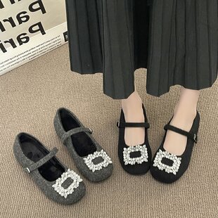 法式水钻加绒毛毛鞋女2025年冬季新款内增高保暖浅口毛呢玛丽珍鞋