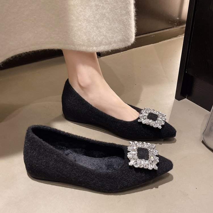 水钻方扣尖头毛毛鞋女外穿秋冬