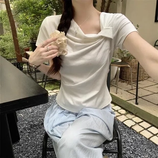 短袖夏季2025温柔风insT恤甜美女绝美斜领上衣不规则褶皱扭结内搭