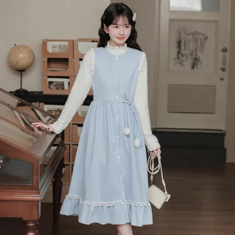 甜美温柔风背心裙森女套装裙减龄可爱部落两件套蓝色打底衫立领女