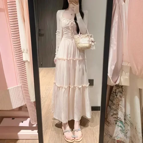 温柔风蝴蝶结吊带裙套装女夏季防晒针织开衫蕾丝花边拼接收腰长裙