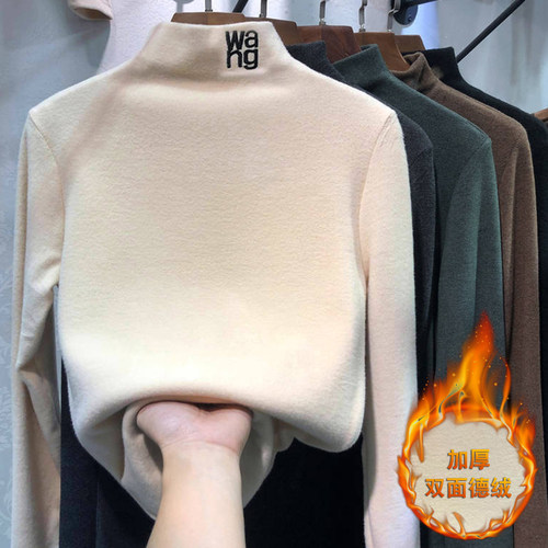 300斤胖mm大码德绒半高领打底衫女内搭秋冬加绒宽松加厚长袖上衣