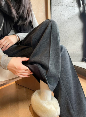 200斤大码胖mm灰色人字纹毛呢阔腿裤女梨形身材宽松显瘦直筒裤子