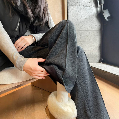 大码胖mm人字纹毛呢阔腿裤女加绒