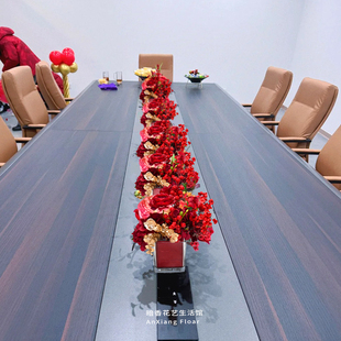 红色玻璃花瓶插花假花商务桌花宴会餐桌装饰摆花新房茶几台花摆件