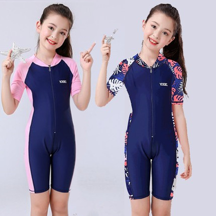 女童泳衣学生少女防尴尬带胸垫大码胖防晒速干中大童中考连体泳装
