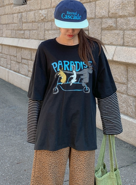 韩国代购大码女装胖mm冬装新品时尚条纹拼接长袖宽松休闲T恤1108