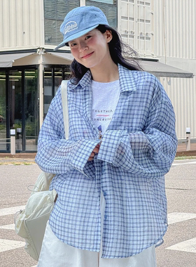 韩国特大码女装胖mm夏装新品时尚小格纹单口袋宽松长袖薄衬衫714